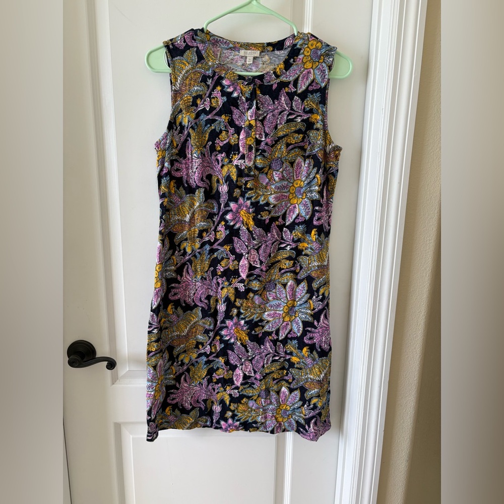 Talbots Petite Floral Shift Dress SP 100% Cotton Sleeveless Navy Pink Paisley